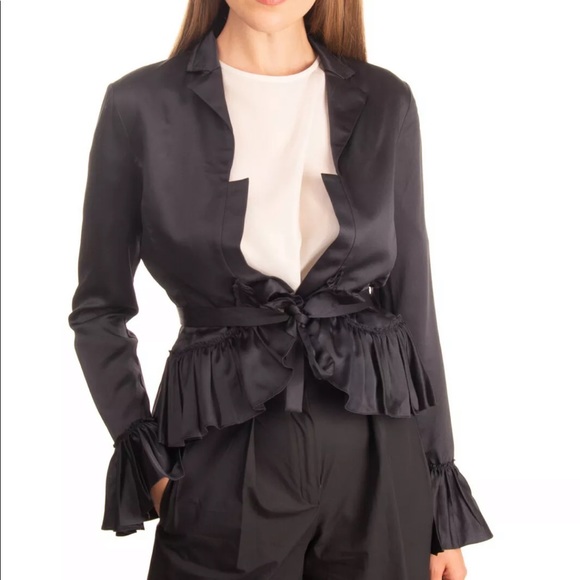 $750 TOME Satin Jacket Ruffle Belted Open Front - Picture 2 of 9
